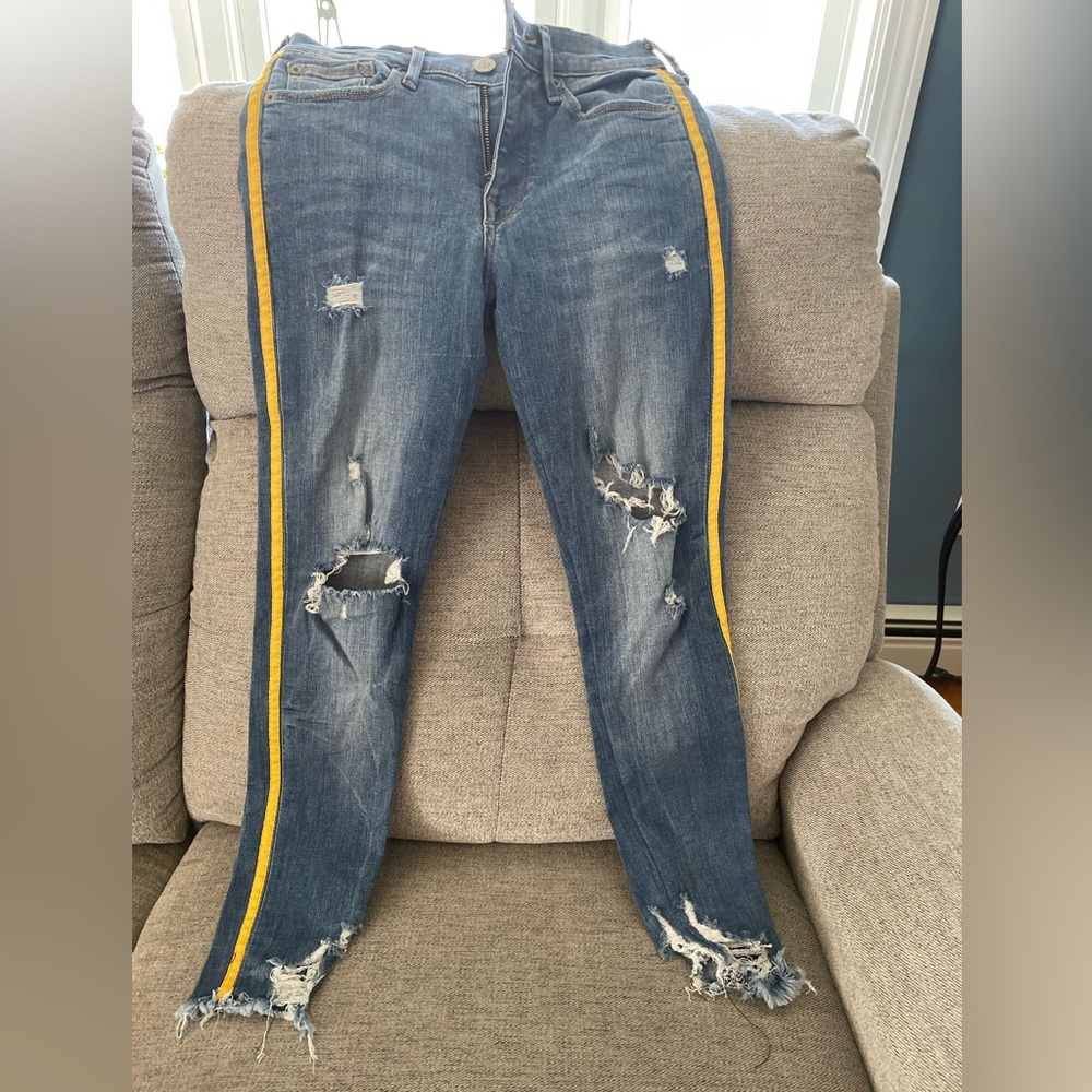 Express Skinny Blue Jeans with Yellow Side Stripe